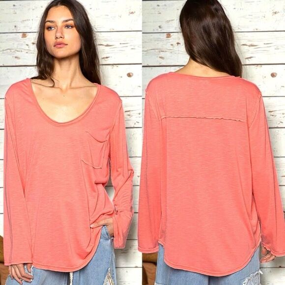 POL Shirt  Coral Chest Pocket Long Sleeve T-Shirt Medium NEW - Picture 2 of 5